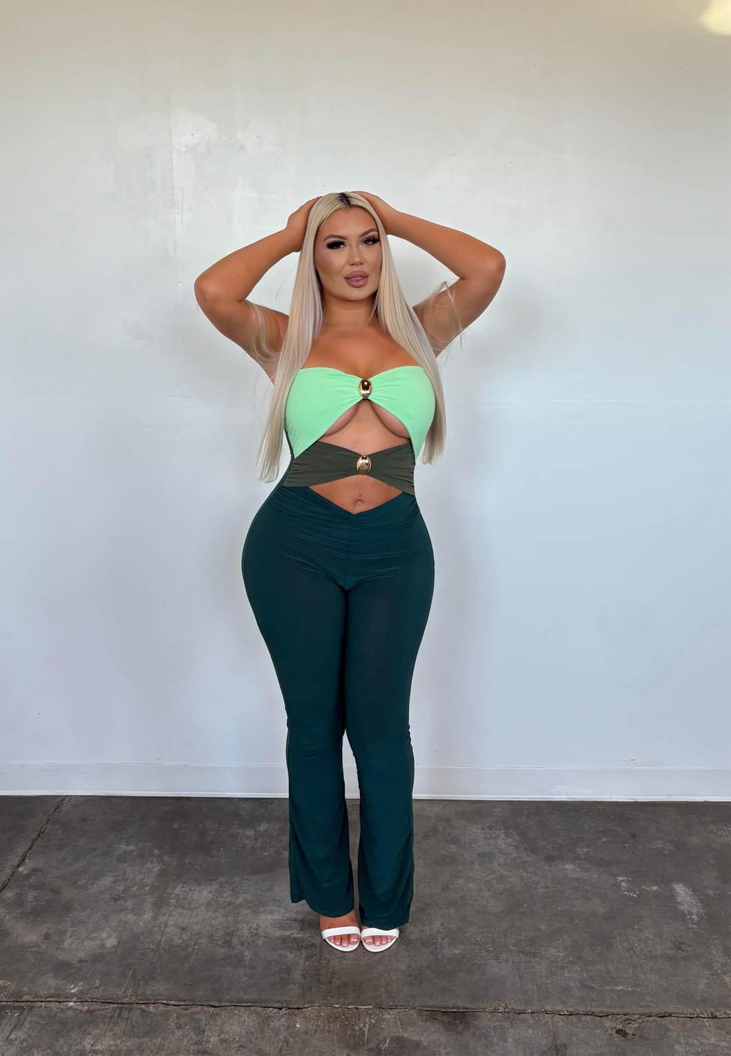 Emerald Glow Strapless Cut Out Jumpsuit – Green Combo