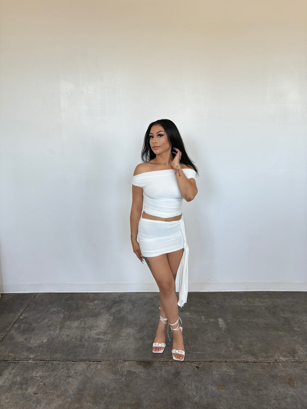 Siren Allure Off-Shoulder Ruched Mini Dress – White