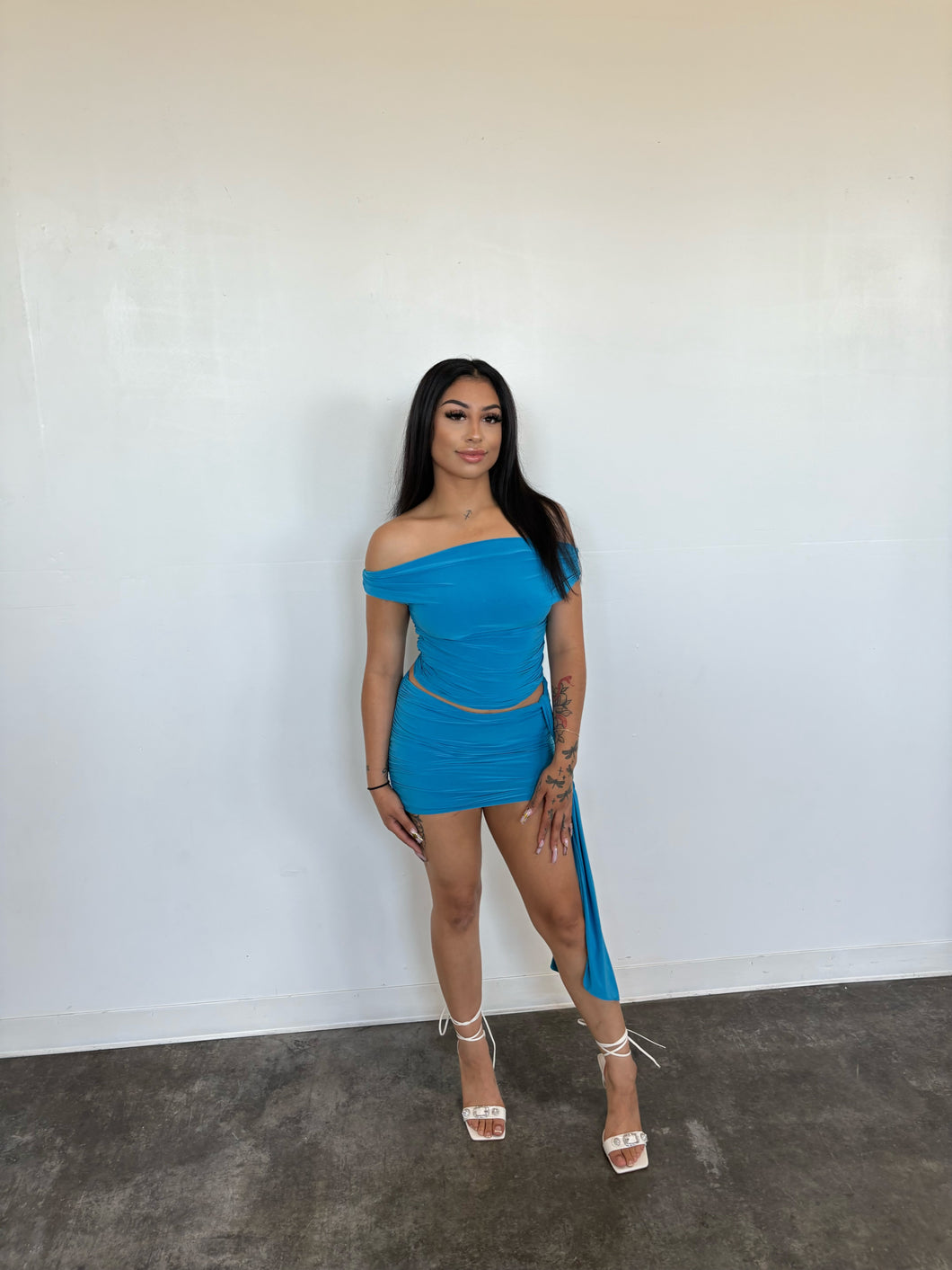 Siren Allure Off-Shoulder Ruched Mini Dress – Ocean Blue