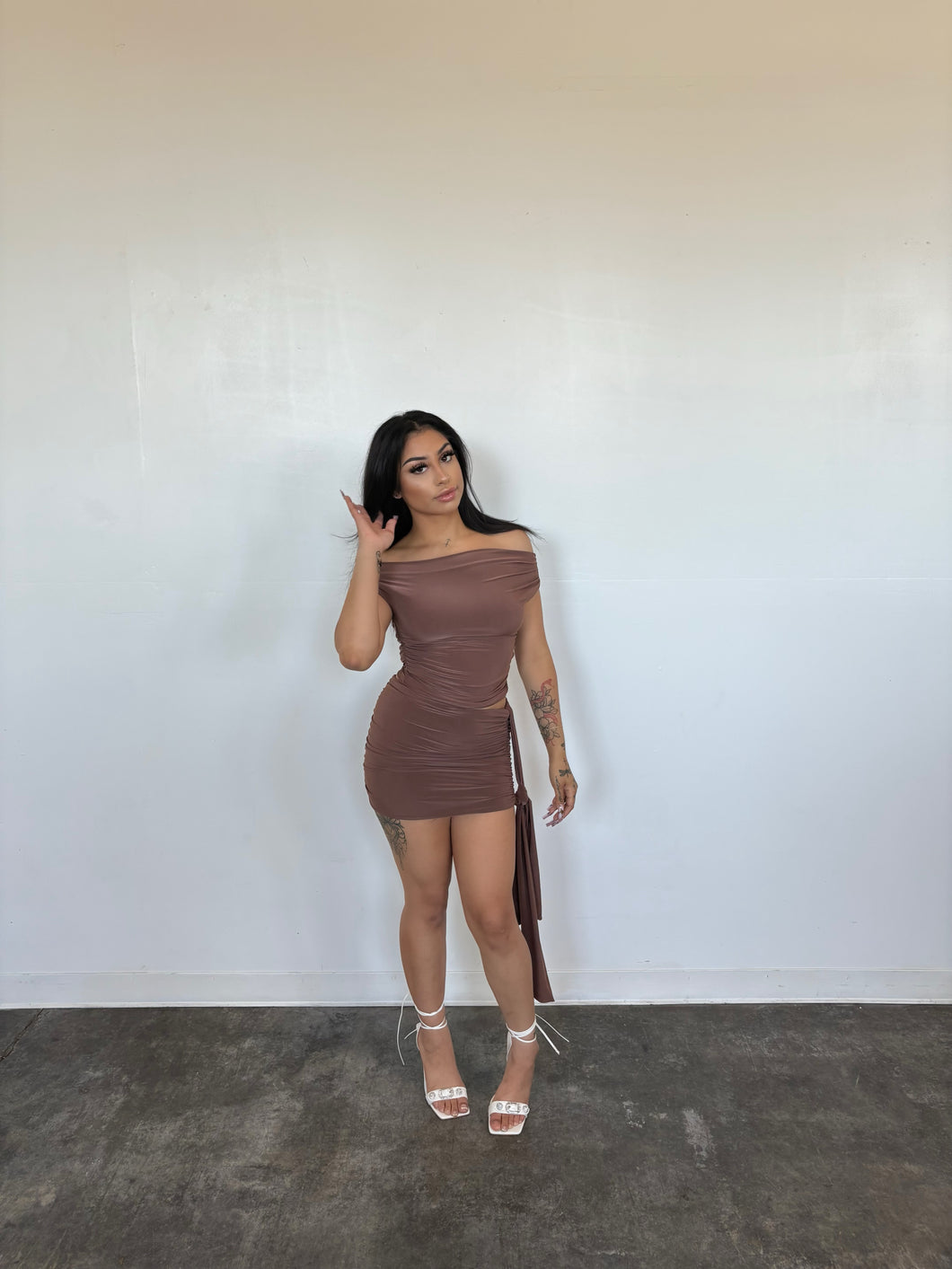 Siren Allure Off-Shoulder Ruched Mini Dress – Mocha